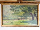 two paintings of a park with trees and a man walking a dog in the distance