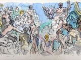 drawing of a group of people riding horses in a field