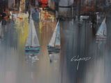 a painting of sailboats floating in the water