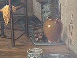 a painting of a kitchen with pots and pans on the table
