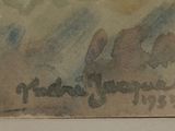 an old picture of a painting of a mountain range with a sky in the background