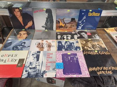 a lot of vinyl records on a table in a store