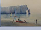 a painting of people on the beach with boats in the water