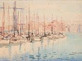 a painting of a harbor filled with lots of boats