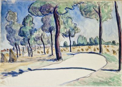 peinture représentant un sentier dans un parc, bordé d'arbres de chaque côté