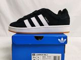 adidas campus shoes in black and white on a blue box