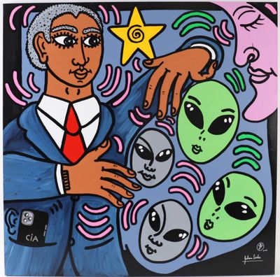 une image représentant un tableau d'un homme en costume aux visages d'extraterrestres