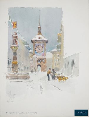une aquarelle représentant une tour horloge sous la neige