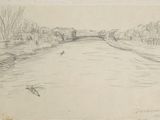 dessin représentant une rivière avec un pont au loin et des arbres au premier plan