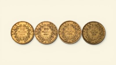 4 pièces de 20 Francs en or Napoléon III tête nue 1854, 1857…