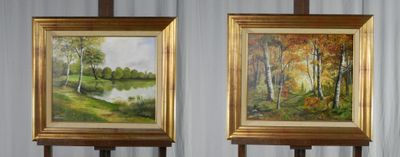 tableau représentant deux chevalets sur lesquels sont posés des tableaux, dans une pièce
