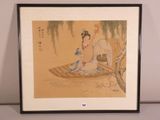 painting of a woman and child sitting on a boat in the water