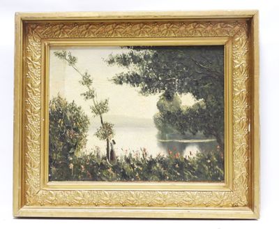 painting of two people fishing on a lake in a wooded setting