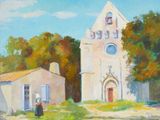 tableau représentant une église devant laquelle se tient une femme