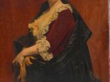 un tableau représentant une femme vêtue d'une robe noire et rouge