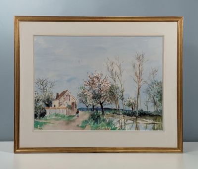 aquarelle encadrée représentant une scène de campagne avec une maison au loin