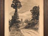 a drawing of a landscape with trees and a road in the foreground