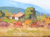 une peinture à l'huile représentant une maison dans un champ avec une montagne en arrière-plan
