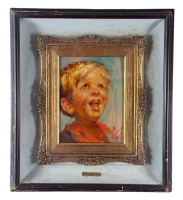 an oil painting of a young boy with a red shirt in a gold frame