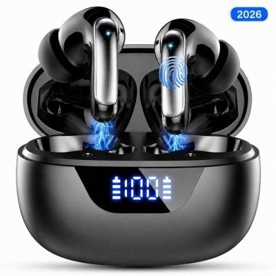 a pair of bluetoothed earphones with a digital clock