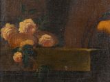 painting of a man in a suit and tie holding a bouquet of flowers