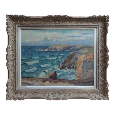 an image of a painting of a rocky coast with waves coming in