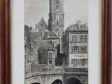 tableau représentant une vue de ville avec un pont et une tour horloge