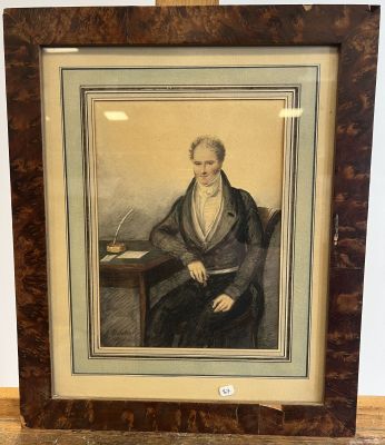 a painting of a man sitting at a desk with a pen in his hand