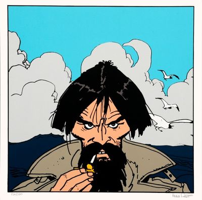 an illustration of a man with a beard smoking a cigarette in front of the ocean