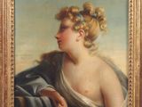 une peinture à l'huile représentant une femme en robe bleue