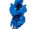 a blue sculpture of a person with a hat and gloves