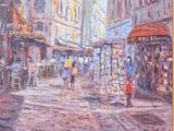 painting of a city street scene with people walking on the sidewalk
