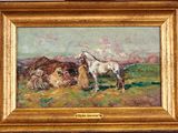 an oil painting of horses in a field with mountains in the background