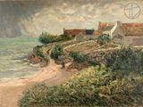 an image of a painting of a beach with houses on the shore