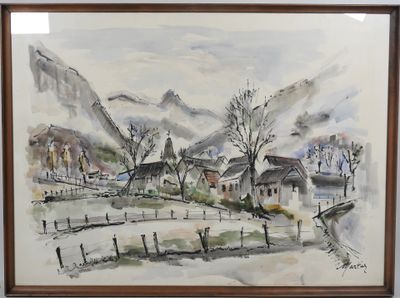 une photo d'un tableau représentant un village de montagne