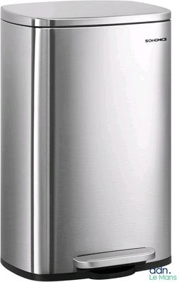 a close up of a stainless steel trash can on a white background