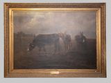 an oil painting of a couple of horses grazing in a field
