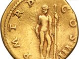 an image of a gold coin with a man holding a spear