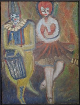 painting of a clown and a woman dressed in costumes