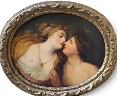 an image of a painting of two women kissing each other