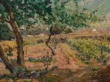 peinture représentant un paysage avec des arbres et un chemin de terre au premier plan
