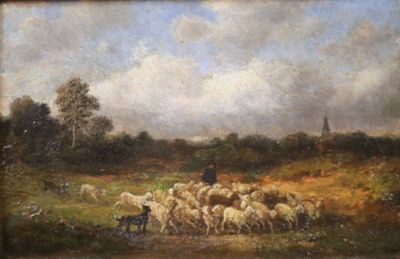 un tableau représentant un homme gardant un troupeau de moutons