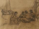 dessin représentant un groupe de personnes assises sur une plage à côté d'un bateau