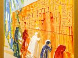 an oil painting of a group of people standing in front of a wall