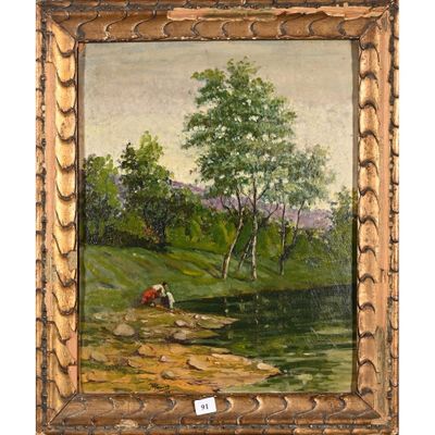 une peinture à l'huile représentant des vaches paissant dans un champ au bord d'un ruisseau