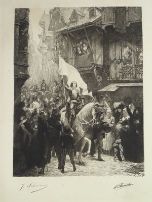 dessin représentant un homme à cheval devant une foule de personnes