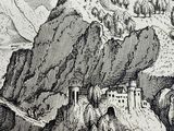 a black and white drawing of a mountain with a castle on it