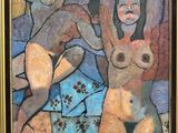 framed painting of two nudes in a bedroom with a blue bed