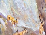 an oil painting of a group of deer running across a snowy field
