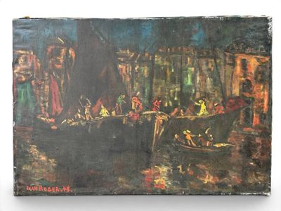 painting of a boat with people on it in a harbor